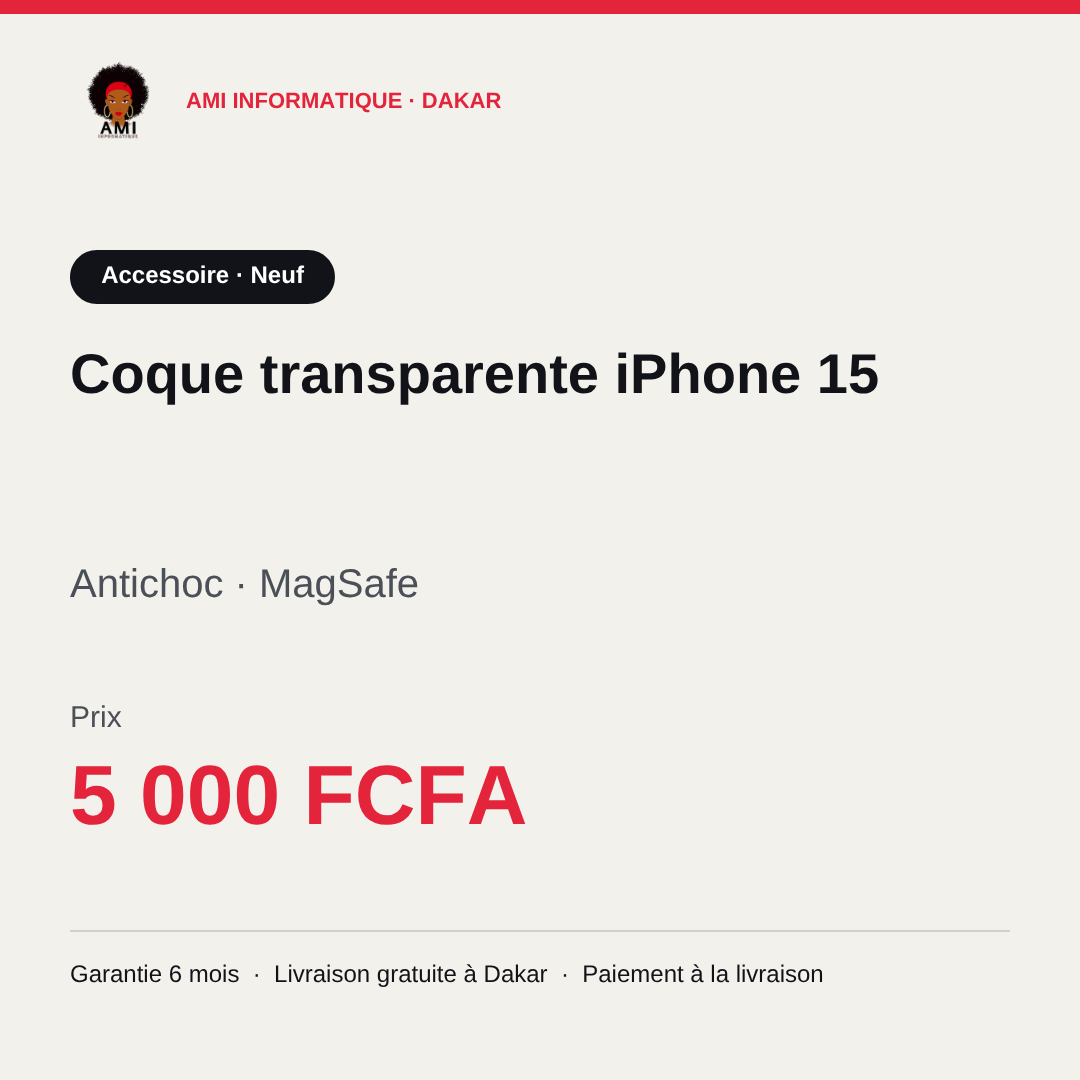 Coque transparente iPhone 15 — prix à Dakar, AMI Informatique