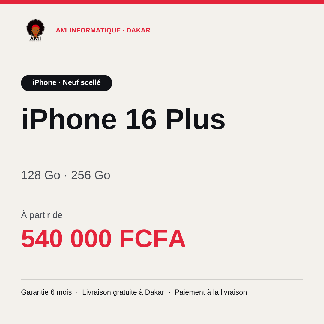 iPhone 16 Plus — prix à Dakar, AMI Informatique